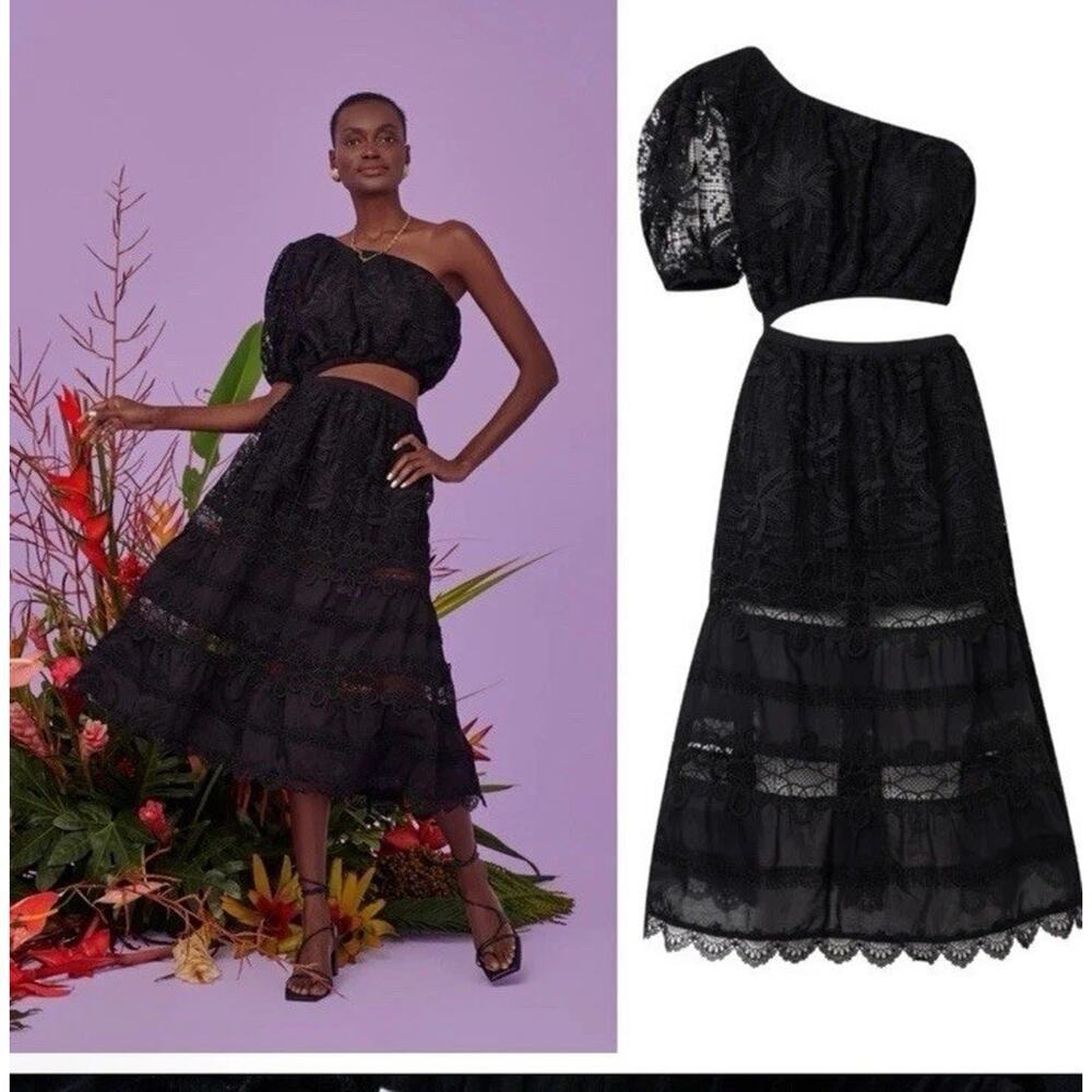 Waimari Jade Midi Dress S Black One Puff Shoulder Sheer Cutout Eyelet Lace NWT